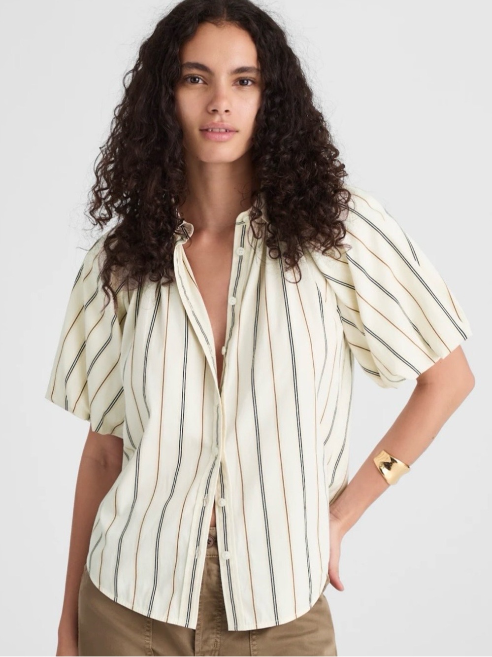 Madewell Shirred Bubble-Sleeve Button-Up Shirt in Cotton Poplin